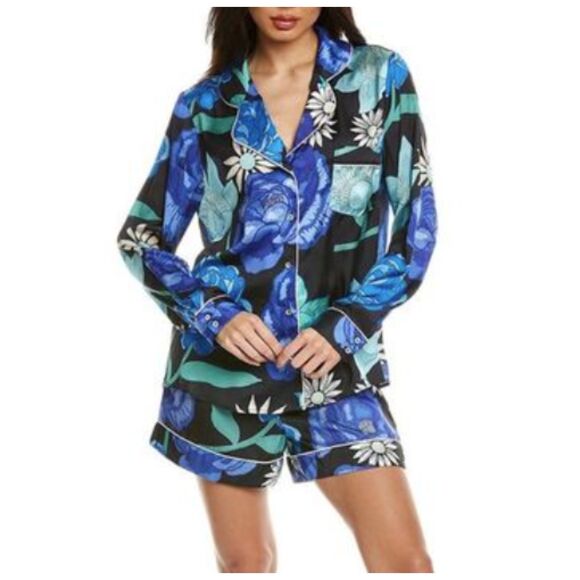 Karen Mabon 2pc Floral Pajama Set Sz M Shorts Long Sleeve Button Top Black Blue - Picture 1 of 15